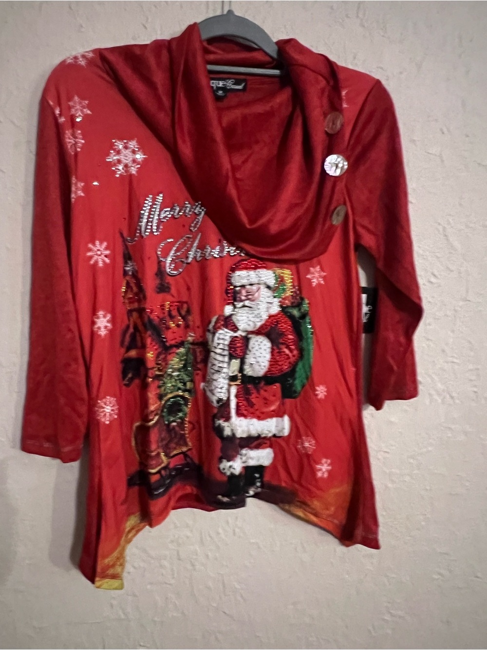 Onque Casuals Red Santa Cowl Neck Long Sleeve Tunic